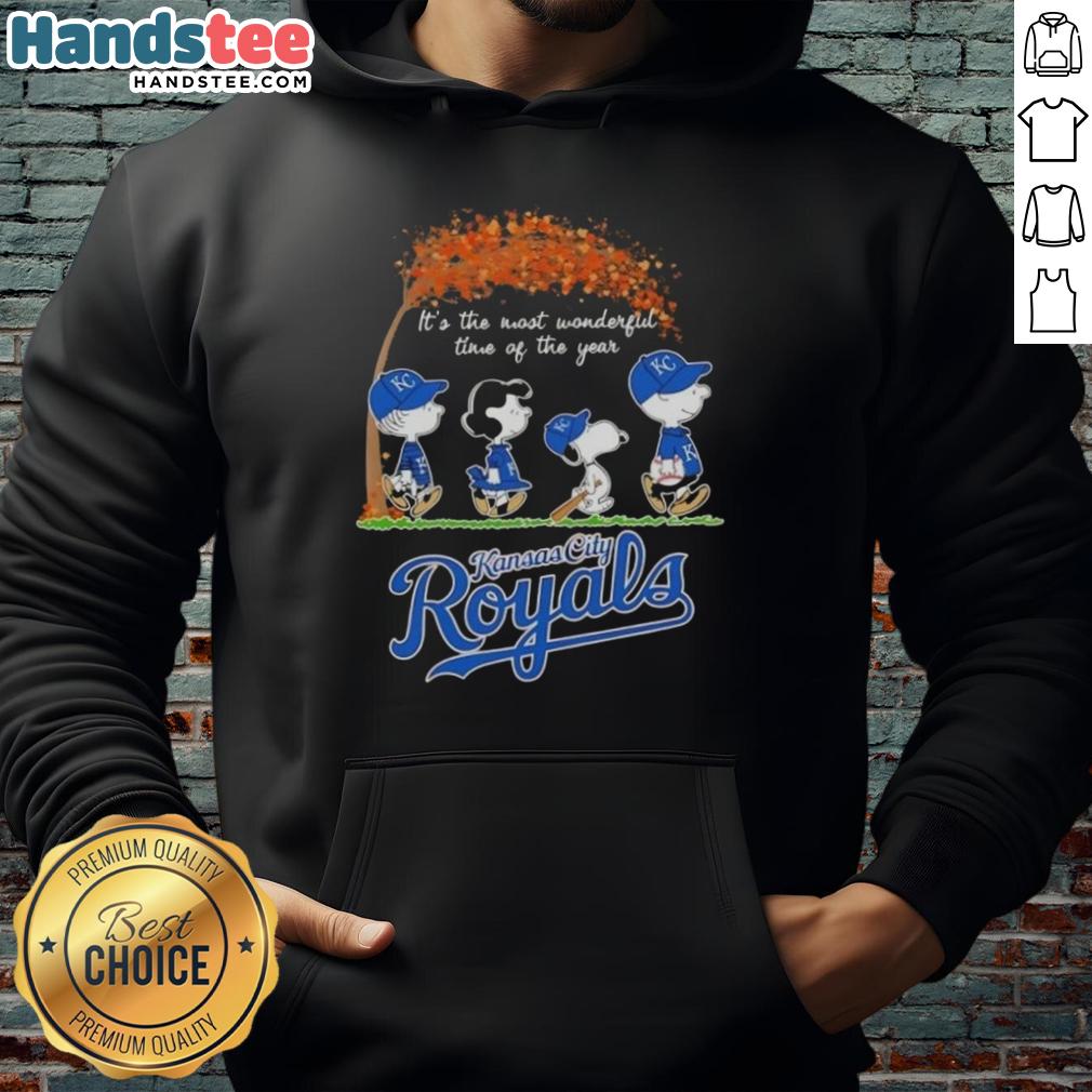 Premium Kansas City Royals X Peanuts Snoopy hoodie for autumn, featuring 'It's The Most Wonderful Time Of The Year' design.