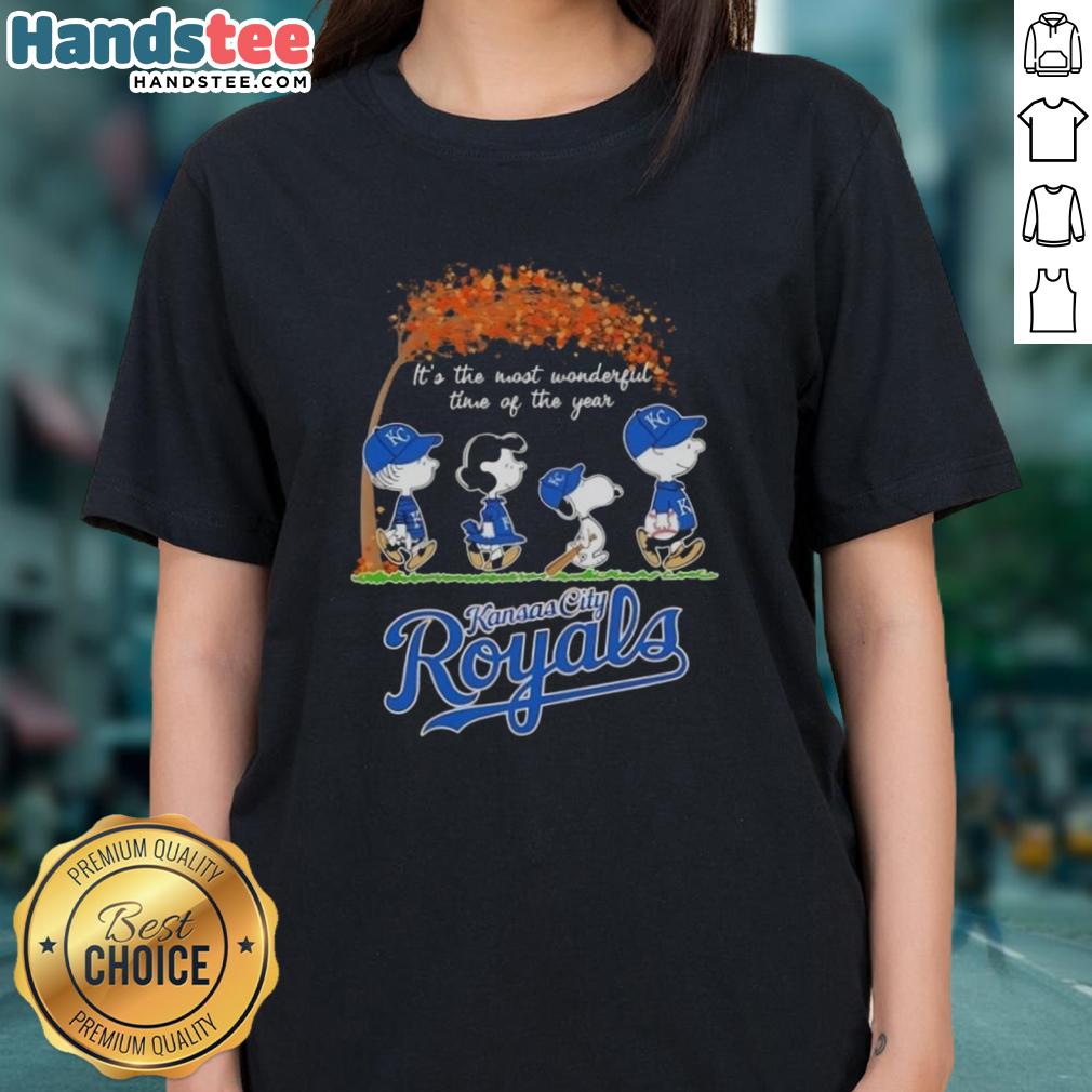 Alt Text: Premium Kansas City Royals X Peanuts Snoopy and Friends autumn ladies tee celebrating the most wonderful time of the year.