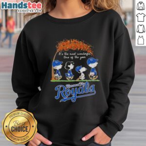 Alt Text: Premium Kansas City Royals X Peanuts sweatshirt featuring Snoopy and friends, perfect for autumn festivities.