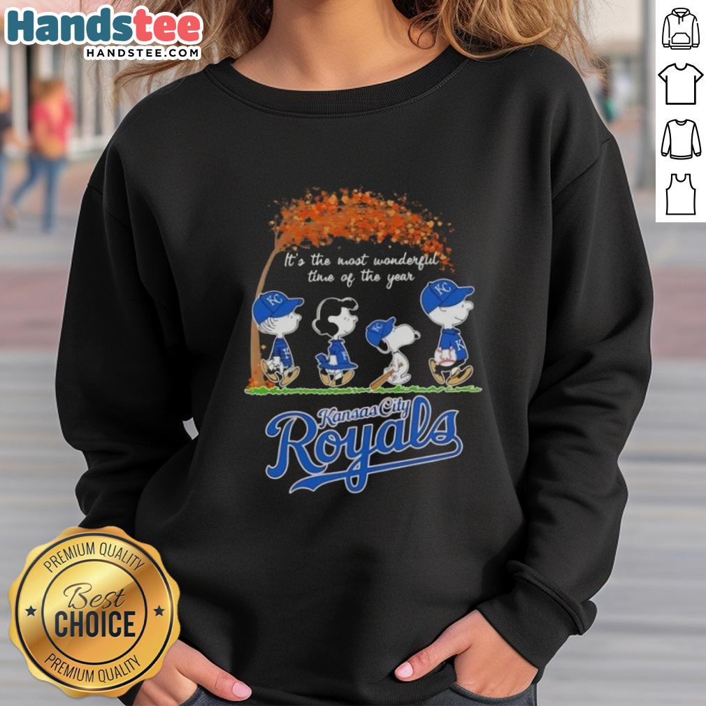 Alt Text: Premium Kansas City Royals X Peanuts sweatshirt featuring Snoopy and friends, perfect for autumn festivities.