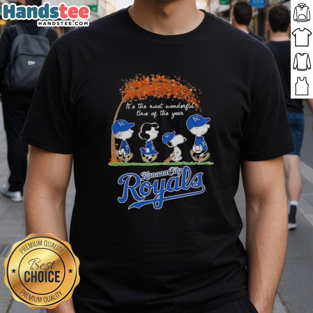 Premium Kansas City Royals X Peanuts Snoopy T-Shirt for Autumn, celebrating 'It's The Most Wonderful Time Of The Year.'