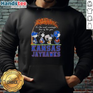 Premium Kansas Jayhawks X Peanuts Snoopy and Friends hoodie for autumn, perfect for the most wonderful time of the year.