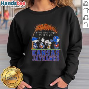 Premium Kansas Jayhawks X Peanuts Snoopy sweatshirt for autumn, celebrating 'It's the Most Wonderful Time of the Year'.