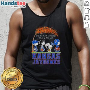 Premium Kansas Jayhawks X Peanuts Snoopy tank top celebrating autumn and the joy of the season.