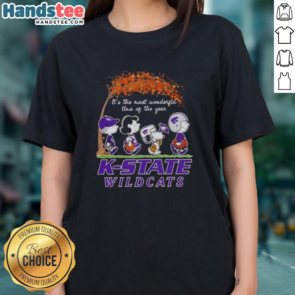 Premium Kansas State Wildcats X Peanuts Snoopy and Friends autumn ladies tee, perfect for fall fans and game day.