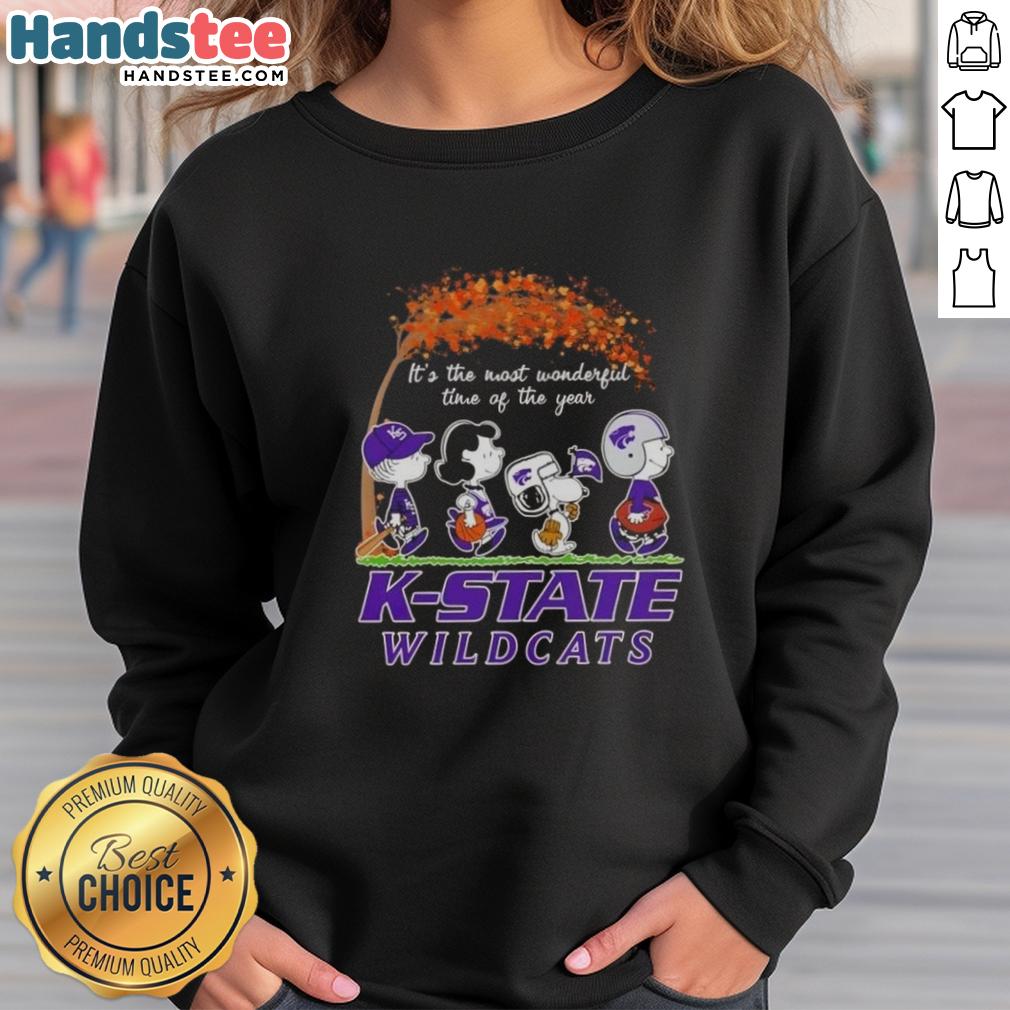 Premium Kansas State Wildcats X Peanuts Snoopy sweatshirt for autumn, celebrating 'It's the Most Wonderful Time' theme.