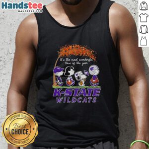 Alt Text: Premium Kansas State Wildcats X Peanuts Snoopy tank top celebrating autumn with friends, perfect for fall fashion.