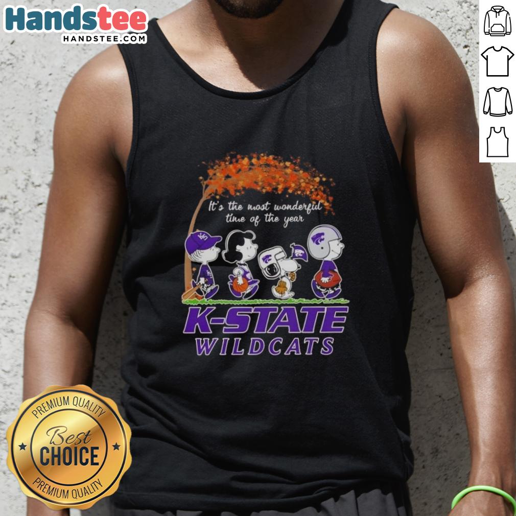 Alt Text: Premium Kansas State Wildcats X Peanuts Snoopy tank top celebrating autumn with friends, perfect for fall fashion.