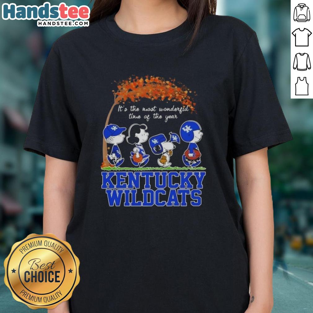 Premium Kentucky Wildcats X Peanuts Snoopy and Friends autumn ladies tee celebrating the most wonderful time of the year.
