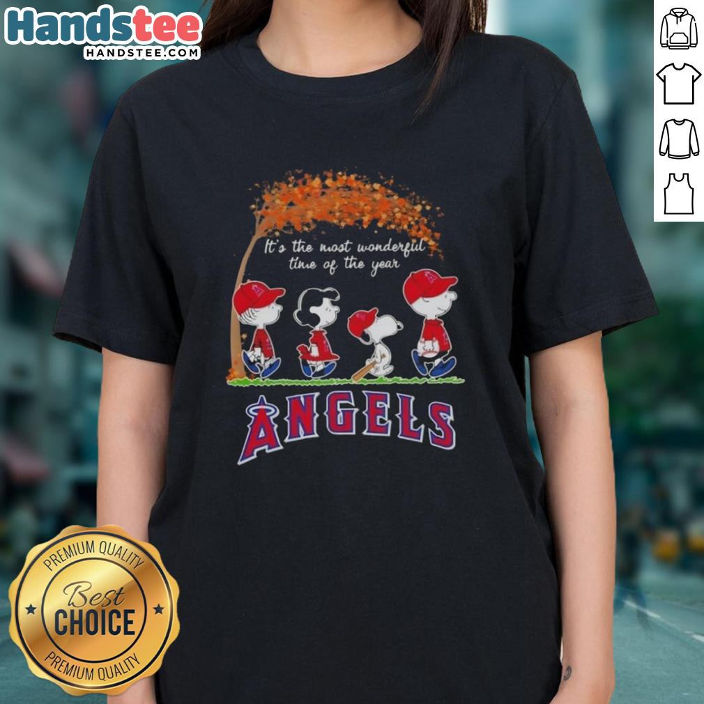 Alt Text: Premium Los Angeles Angels X Peanuts Snoopy and Friends autumn ladies tee, celebrating the most wonderful time of year.