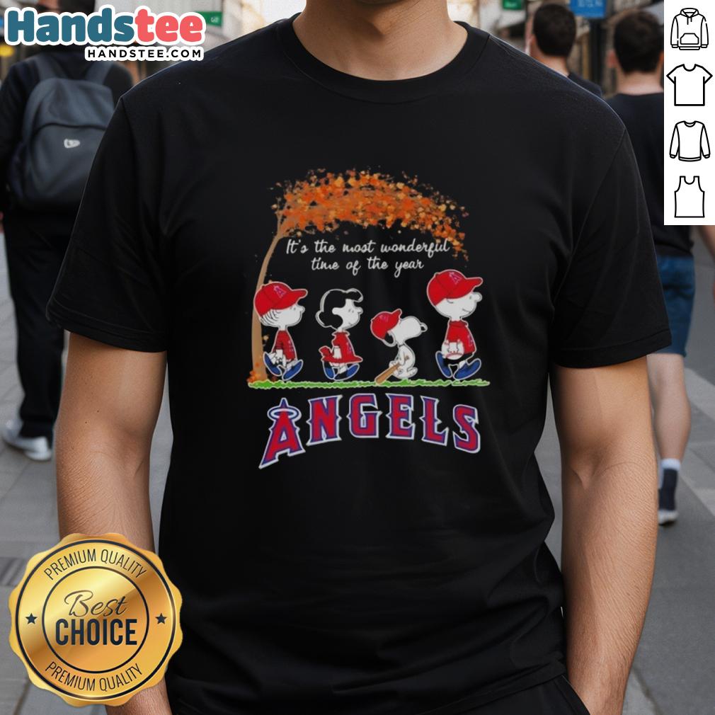 Premium Los Angeles Angels X Peanuts Snoopy and Friends autumn t-shirt featuring joyful designs for the holiday season.