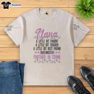 Alt Text: Premium Nana washed t-shirt featuring 'Partner in Crime' design, perfect for parent-teacher meetings and best friends.