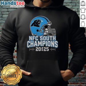 Alt Text: Carolina Panthers NFC South 2025 Champions hoodie featuring team logo and helmet design, perfect for fans.