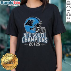 Top Carolina Panthers NFC South 2025 Champions helmet on a stylish ladies tee, perfect for fans and game day wear.
