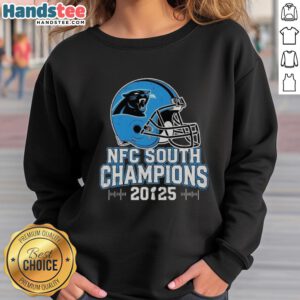 Alt Text: Carolina Panthers NFC South 2025 Champions helmet sweatshirt featuring team colors and logo for ultimate fan gear.