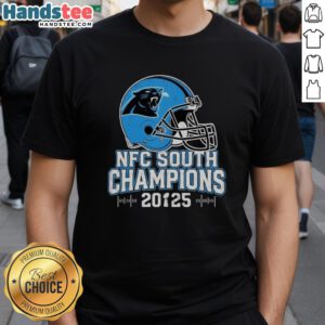 Top Carolina Panthers NFC South 2025 Champions helmet t-shirt featuring team colors and logo, perfect for fans.