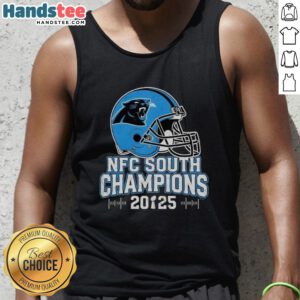 Carolina Panthers NFC South 2025 Champions helmet design on a stylish tank top, perfect for fans and summer wear.