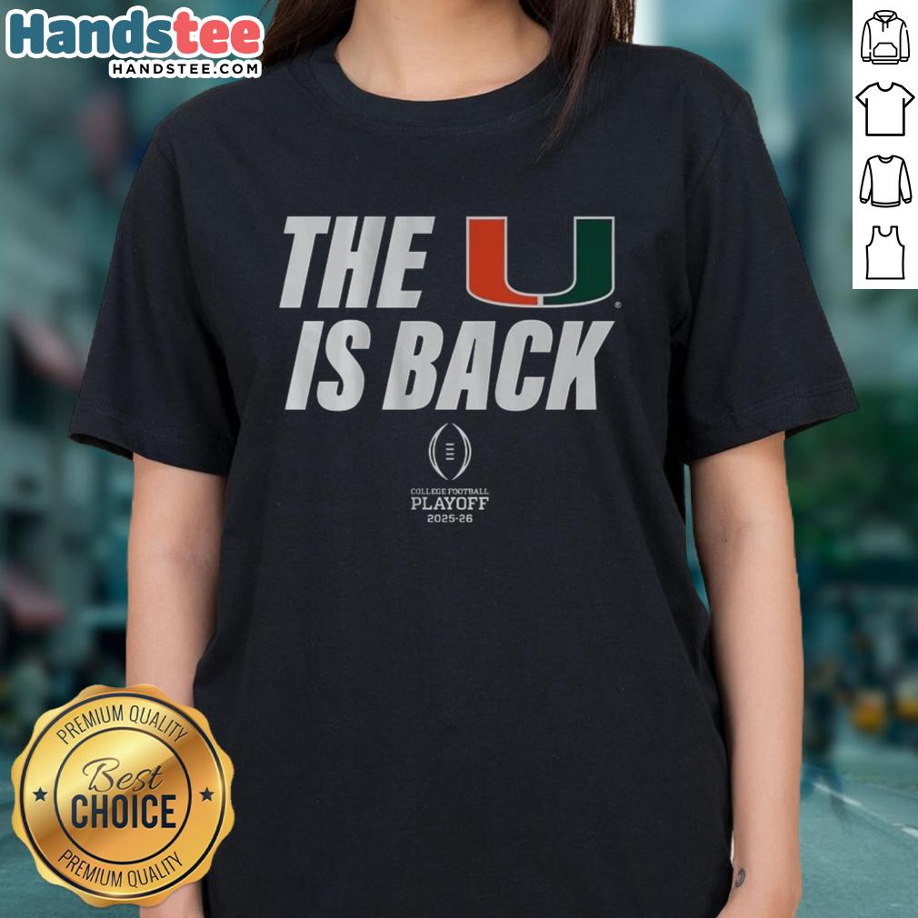 Top Miami Football 2025 CFP The U Is Back ladies tee design featuring vibrant colors and team spirit.