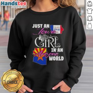 Iowa girl in an Arizona world sweatshirt, showcasing casual style and comfort in a vibrant outdoor setting.