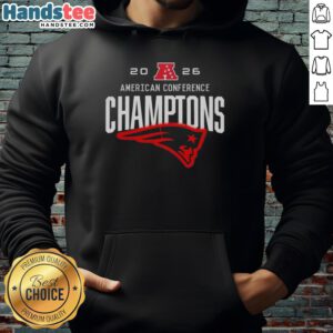 2026 New England Patriots American Conference Champions big logo hoodie, showcasing team pride and style.