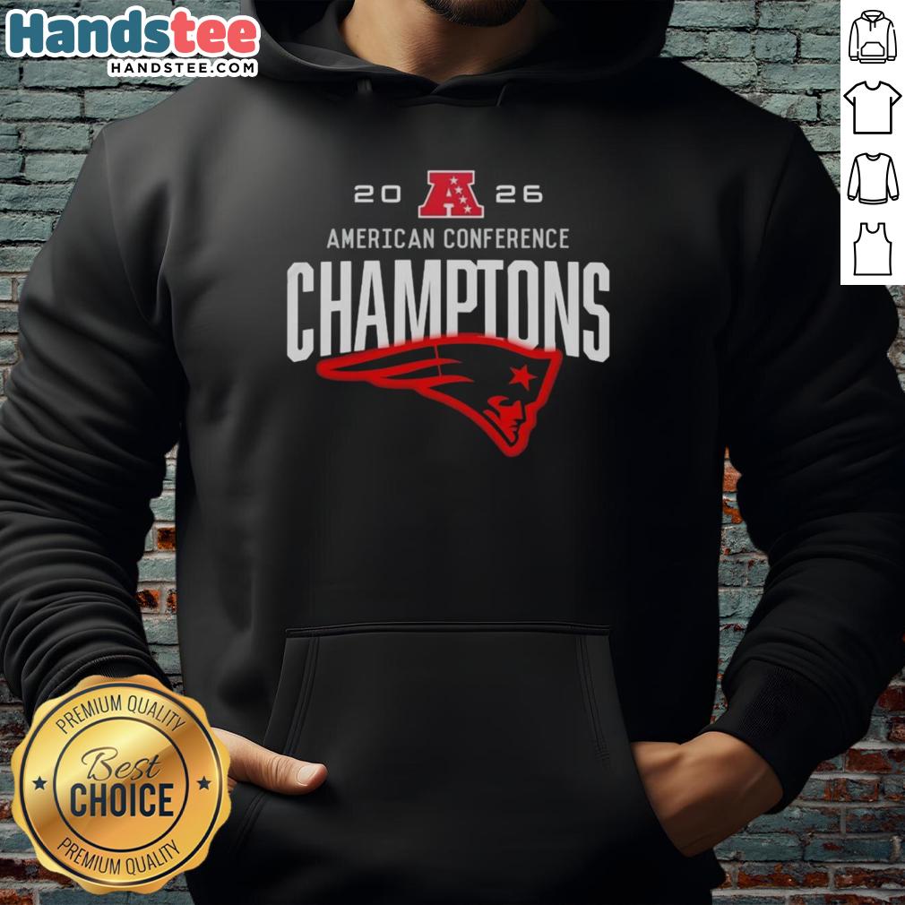 2026 New England Patriots American Conference Champions big logo hoodie, showcasing team pride and style.