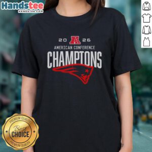 Awesome New England Patriots American Conference Champions 2026 big logo on a stylish ladies tee shirt.