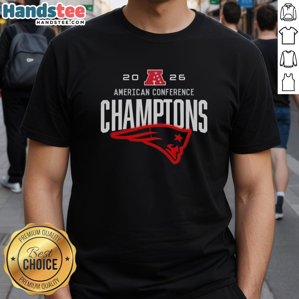 Alt Text: Awesome New England Patriots American Conference Champions 2026 Big Logo T-Shirt featuring bold team logo design.