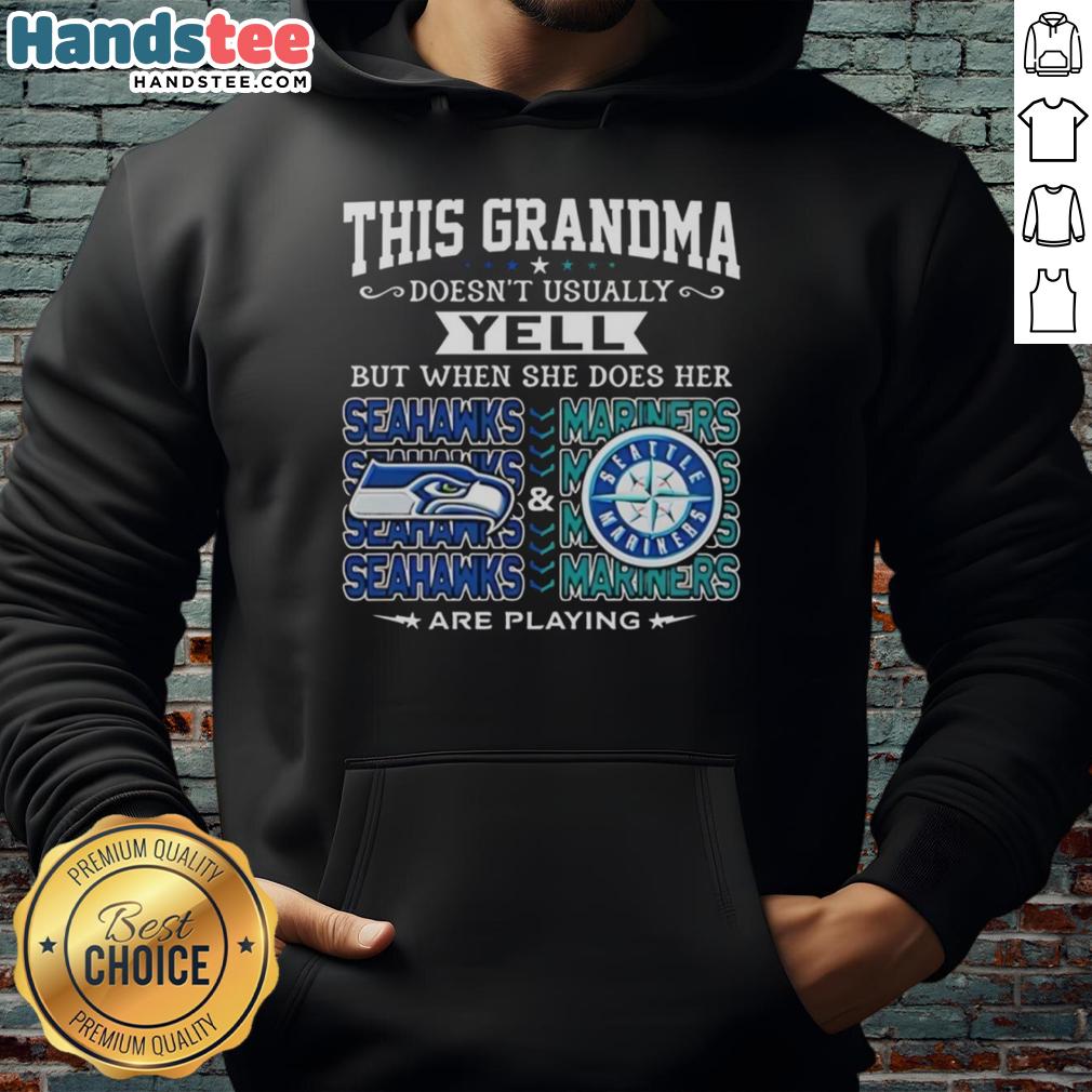 Grandma in a Seattle Seahawks hoodie cheering for the Seahawks and Mariners, showcasing her team spirit.