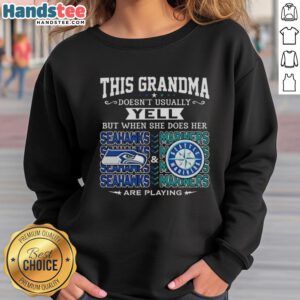 Grandma in a sweatshirt cheering for the Seattle Seahawks and Seattle Mariners, showcasing her team spirit.