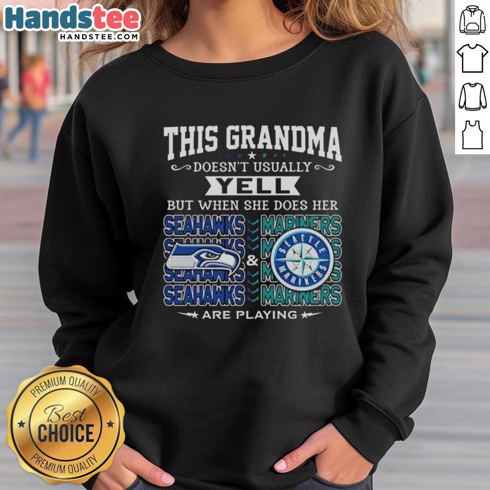 Grandma in a sweatshirt cheering for the Seattle Seahawks and Seattle Mariners, showcasing her team spirit.