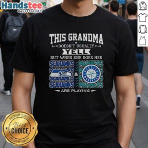 Grandma wearing a fun Seattle Seahawks and Mariners t-shirt, excitedly cheering for her favorite teams.