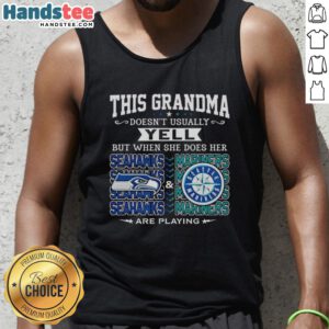 Grandma in a tank top cheering for Seattle Seahawks and Seattle Mariners, showcasing her team spirit.