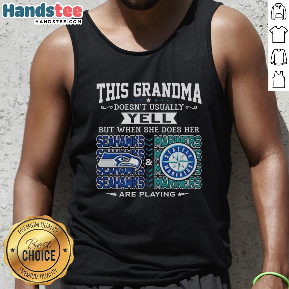 Grandma in a tank top cheering for Seattle Seahawks and Seattle Mariners, showcasing her team spirit.
