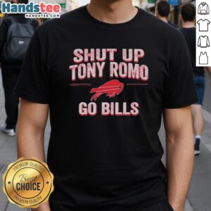 Alt Text: Awesome Shut Up Tony Romo Go Bills T-Shirt featuring bold graphics and a vibrant design for Buffalo Bills fans.