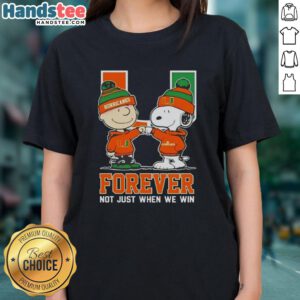 Alt Text: Cute Peanut Snoopy and Charlie Brown on a Miami Hurricanes tee, celebrating fandom forever, not just when we win.