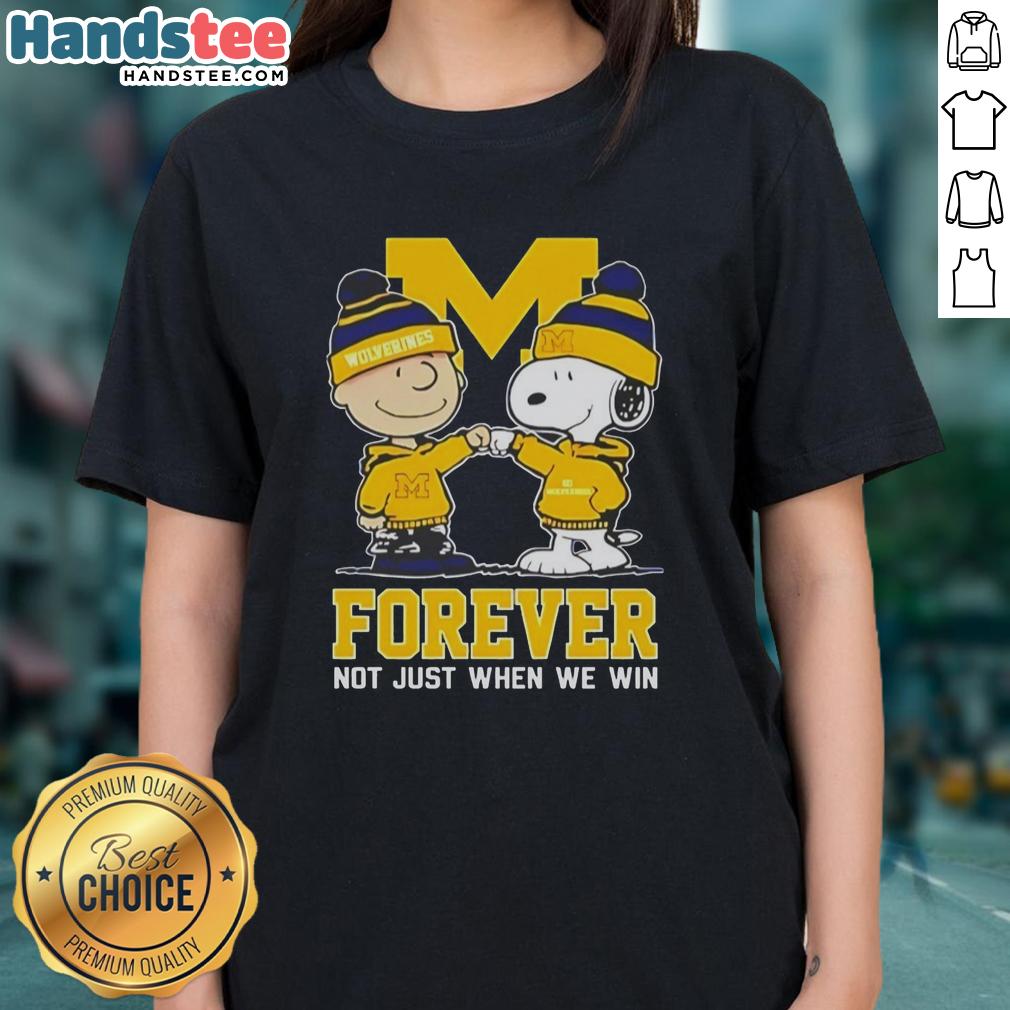 Adorable Snoopy and Charlie Brown graphic on a Michigan Wolverines ladies tee, celebrating team spirit year-round.