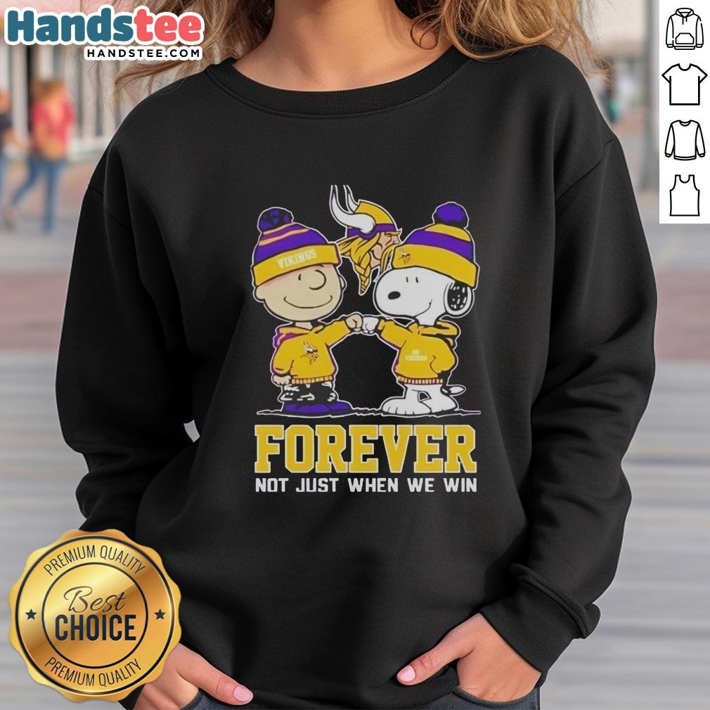 Alt Text: Cute Peanut Snoopy and Charlie Brown in Minnesota Vikings sweatshirt, celebrating fandom with Forever, Not Just When We Win.