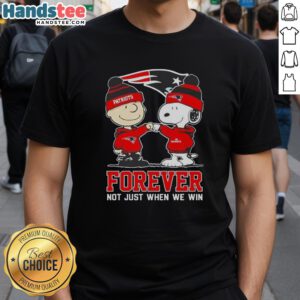 Alt Text: Cute Peanut Snoopy and Charlie Brown on New England Patriots Forever T-Shirt, perfect for fans year-round.