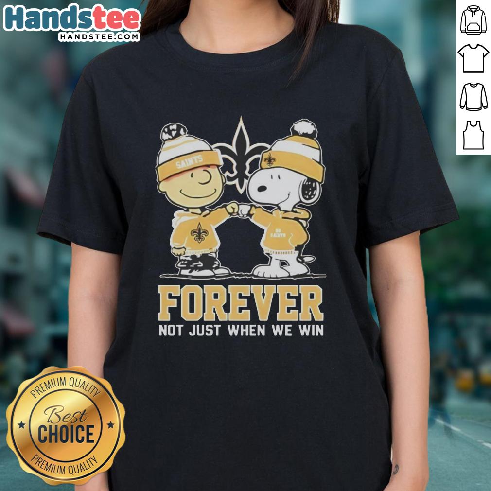 Alt Text: Cute Peanut Snoopy and Charlie Brown New Orleans Saints Forever tee for ladies, perfect for any fan.