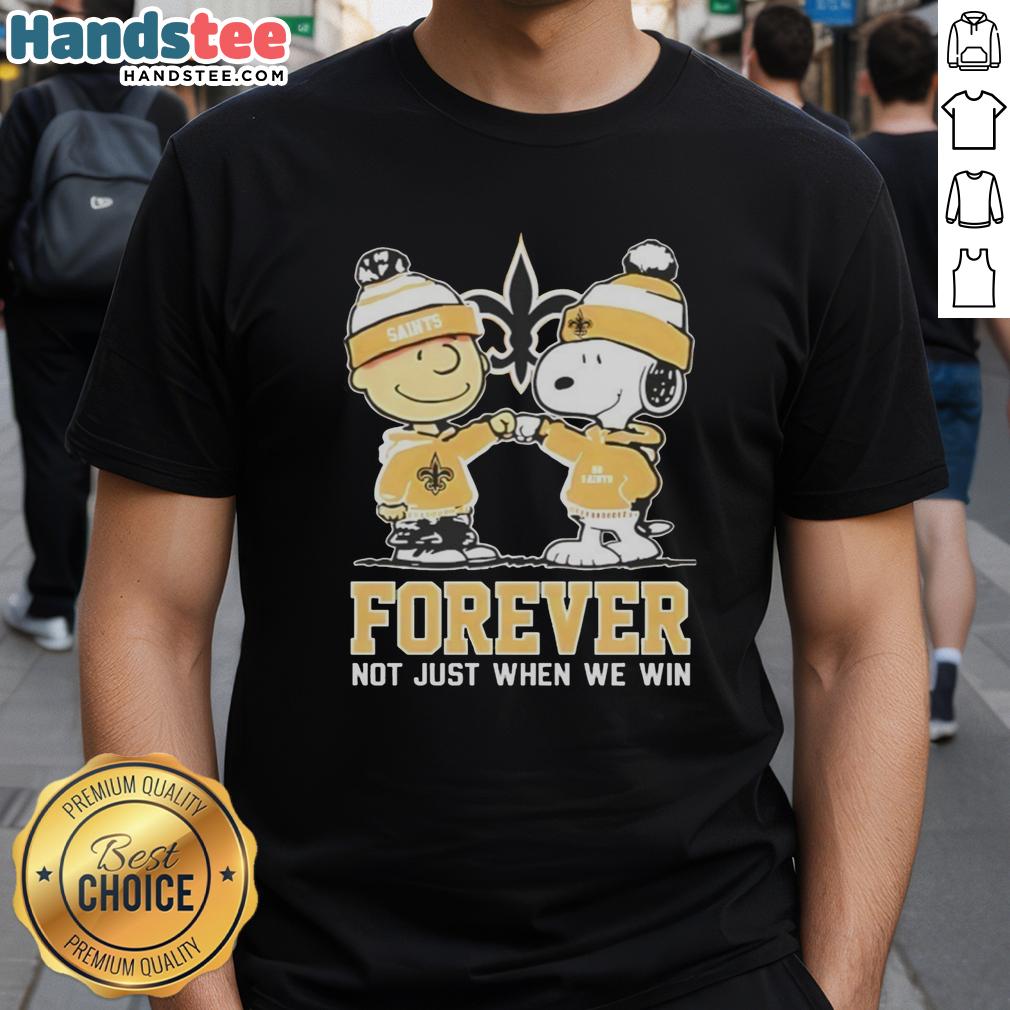 Adorable Peanut Snoopy and Charlie Brown on a 'New Orleans Saints Forever' t-shirt, perfect for loyal fans.