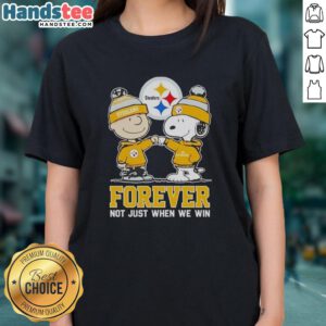 Cute Peanut Snoopy and Charlie Brown Pittsburgh Steelers Forever tee for ladies, perfect for fans celebrating all wins.