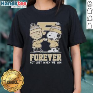 Cute Peanut Snoopy and Charlie Brown graphic on Purdue Boilermakers Forever ladies tee shirt, perfect for fans.