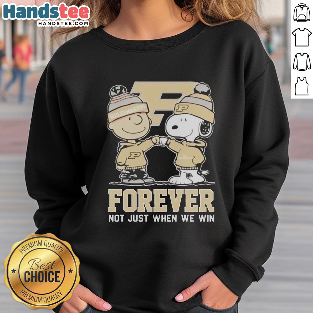 Cute Peanut Snoopy and Charlie Brown on Purdue Boilermakers sweatshirt, celebrating fandom all year round.