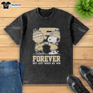 Alt Text: Cute Peanut Snoopy and Charlie Brown on Purdue Boilermakers Forever T-shirt, perfect for fans year-round.