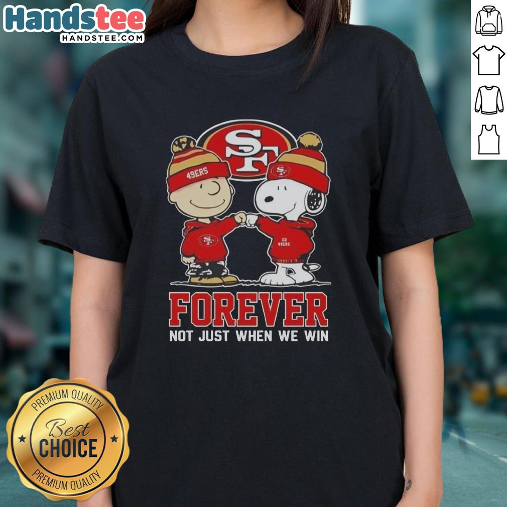 Cute Peanut Snoopy and Charlie Brown in San Francisco 49ers Forever tee, perfect for fans celebrating team spirit.