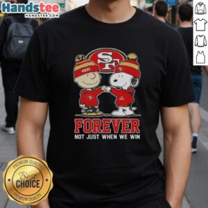 Alt Text: Cute Peanut Snoopy and Charlie Brown on a San Francisco 49ers T-shirt, celebrating team spirit all season long.