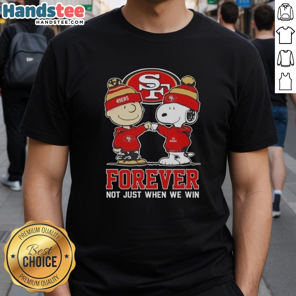 Alt Text: Cute Peanut Snoopy and Charlie Brown on a San Francisco 49ers T-shirt, celebrating team spirit all season long.