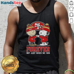 Alt Text: Cute Peanut Snoopy and Charlie Brown in a San Francisco 49ers tank top, celebrating fandom beyond just winning.
