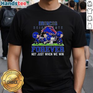 Alt Text: Cute Peanuts Boise State Broncos Forever T-Shirt featuring classic characters, perfect for loyal fans of the team.