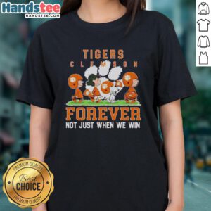 Cute Peanuts Clemson Tigers Forever tee for ladies, celebrating team spirit not just in victory, featuring vibrant design.